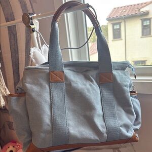 NWOT Pottery Barn Kids Stylish Denim and Leather  Brown Maternity Bag 💼 💙